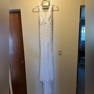 White Lace Backless Mermaid Maxi Dress